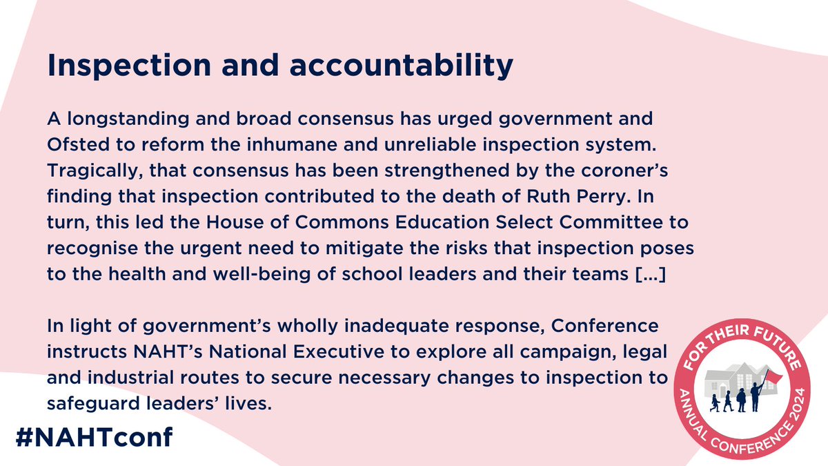 Emergency motion 1: Inspection and accountability ✅ Motion carried – and greeted by enthusiastic applause from across the floor and many passionate supporting speeches. Motions can be read in full here: bit.ly/4a36g0X #NAHTconf