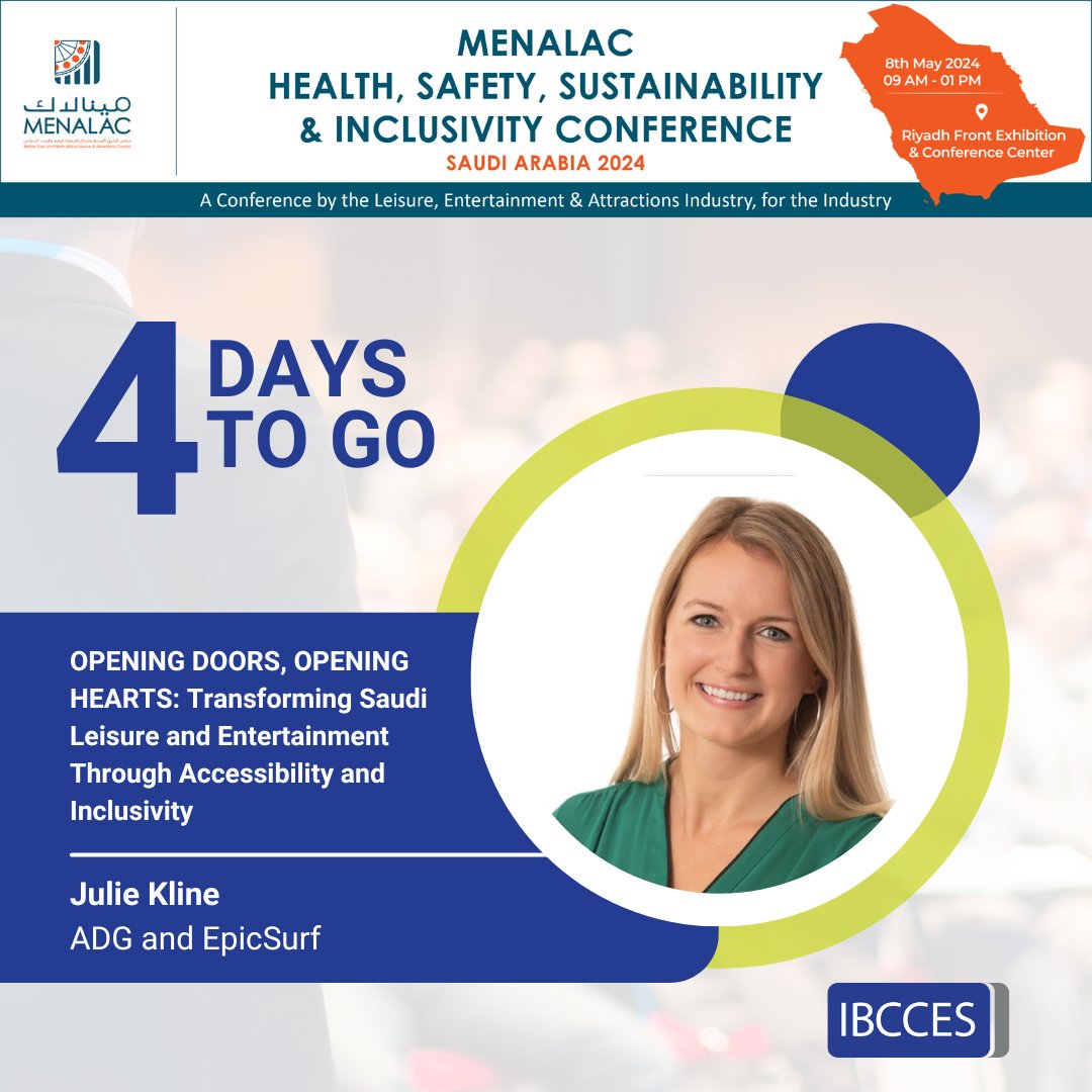 5 days to go until the @MENALAC Health, Safety, Sustainability, & Inclusivity Conference! Meet Julie Kline, the International Sales & Marketing Manager at Aquatic Development Group (ADG). #IBCCES #MENALAC #SaudiLeisure #InclusionMatters