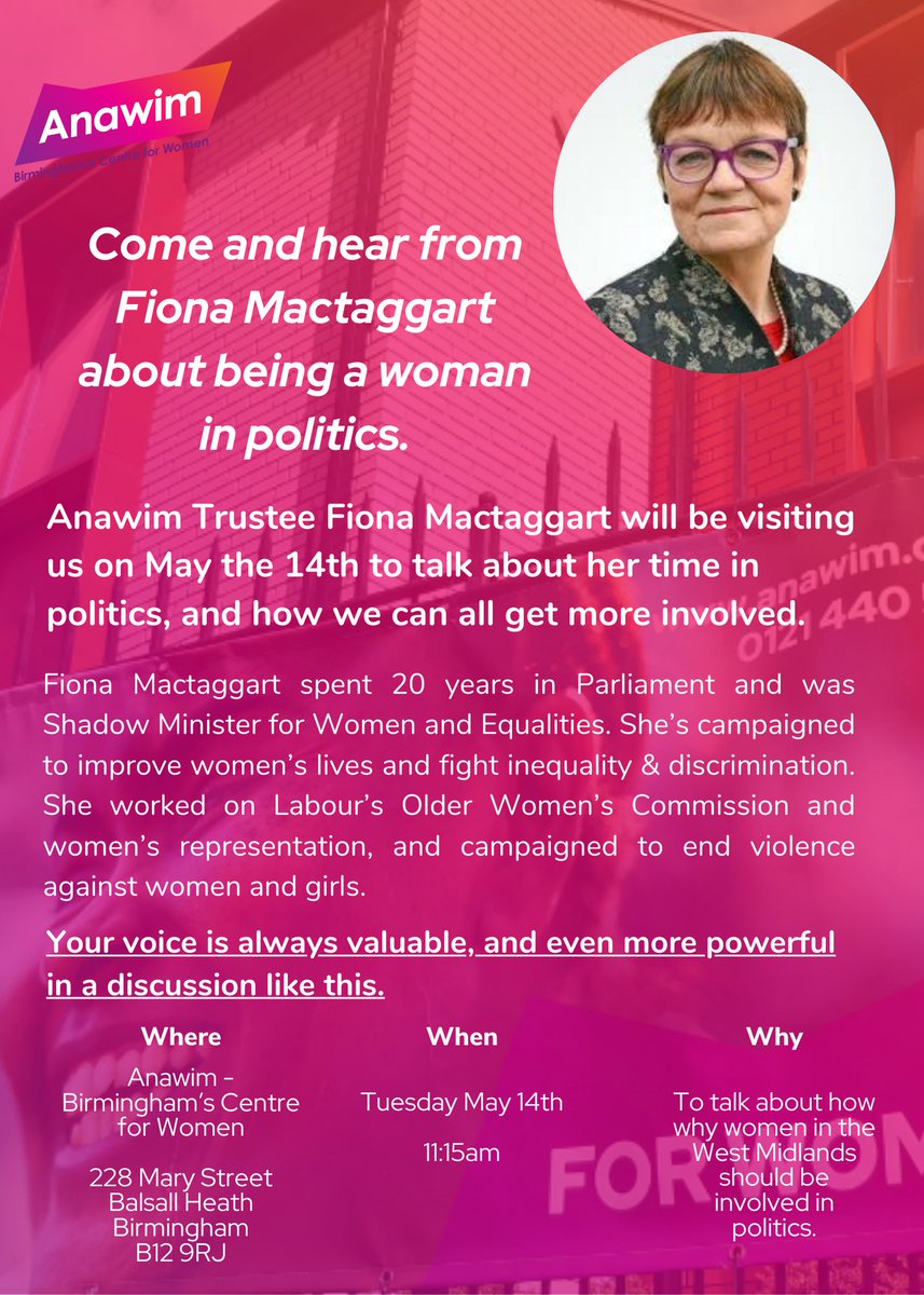 On the 14th of May we’ll be joined by former MP – and Anawim trustee – Fiona Mactaggart. 🗳 It’s an election year, and Fiona will be talking about her time in politics, how we can all get involved and why we should! 📍 The event starts at 11:15, 228 Mary Street, B12 9RJ.
