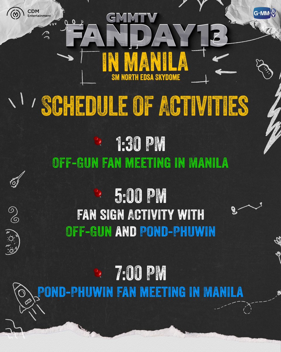 Filipino fans, guess who’s headlining this year’s GMMTV FAN DAY 13 IN MANILA? It’s OffGun and PondPhuwin! 🥳 Join us for another exciting GMMTV FAN DAY 13 IN MANILA with back-to-back fanmeetings and a fansign activity this July 6, 2024 at Skydome. Show times below: 💚 1.30 PM