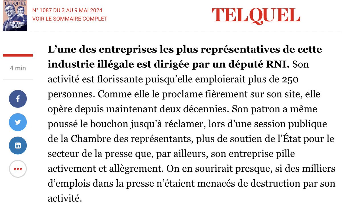 #ScanMedia Après Medias24, Telquel dénonce dans son éditorial, les pratiques de vol de contenu des éditeurs de la presse marocaine par la société Imperium dirigée par un parlementaire du RNI. Le personnage en question a même osé au Parlement... telquel.ma/2024/05/03/vol…