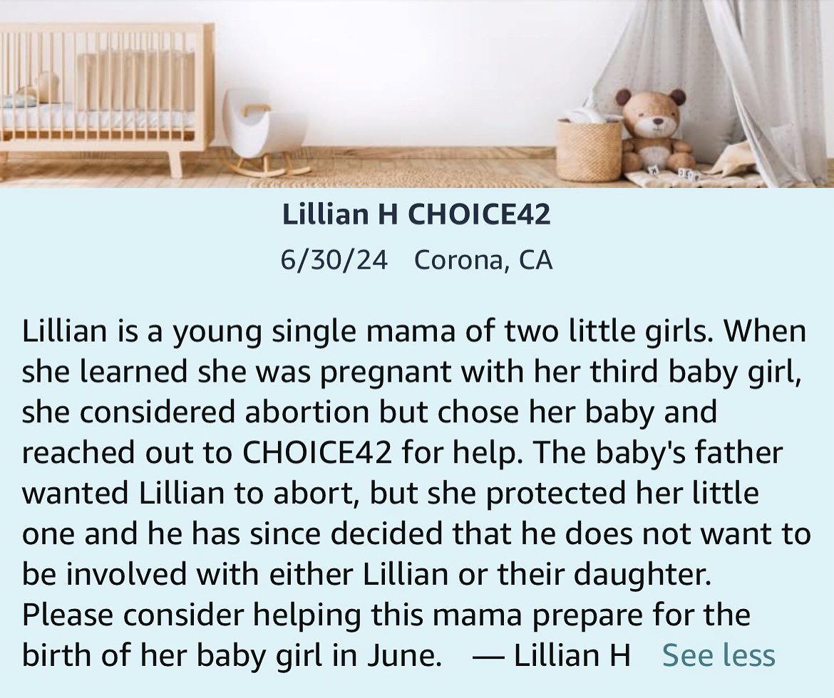 Join us in supporting Mama Lillian. The baby’s father has walked away, but we’re here to show Lillian she is not alone. 

Link below to the baby registry. Anything you purchase will be delivered directly to Lillian. 

amazon.com/baby-reg/lilli…

#chooseyourbaby #lifewins