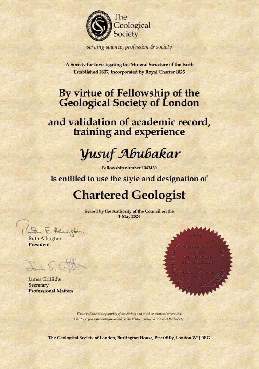 I’m delighted to share that I’ve attained another charter status: Chartered Geologist (CGeol), accredited by the @GeolSoc. This milestone marks years of dedicated work, competence and experience in the fields of geochemistry and geology.