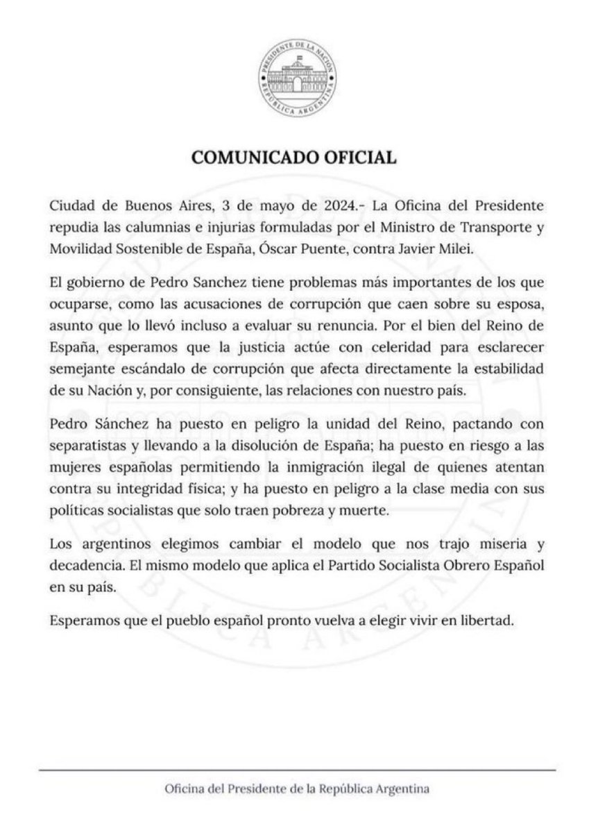 Que le dice Javier Milei a Pedro Sánchez, que se preocupe por la corrupción de su mujer y deje a los argentinos en Paz.

Querido Óscar Puente, este sí es el puto amo!!