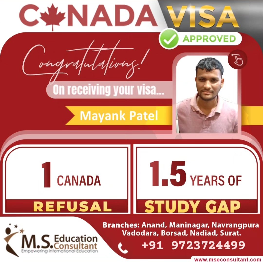 Congrats!!! 🌟 Mayank Patel for Canada 🇨🇦 Student Visa 💐

🔸Canada Student Visa even after 1 refusal 
🔸1.5 Year of study gap
 
#MSEducationConsultant #StudentVisa #StudyAbroad #IELTS #toefl #pte #Immigration #StudyInCanada #StudyInUSA #bestvisaconsultant #bestieltscoaching