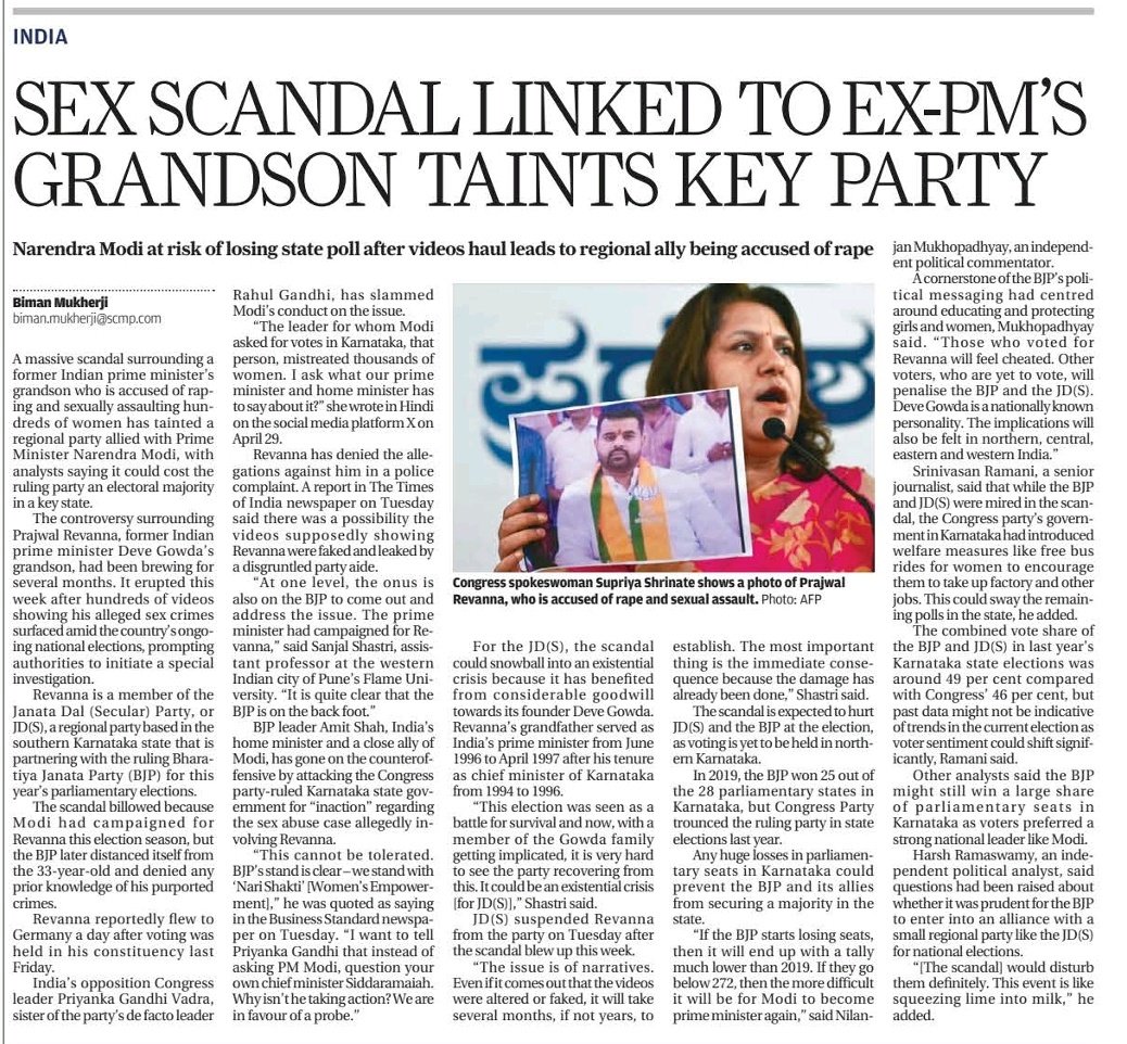 Prajwal Rewanna case in International Newspaper @SCMPNews 

India’s Modi risks losing key state election over alleged sex scandal involving ex-PM’s grandson