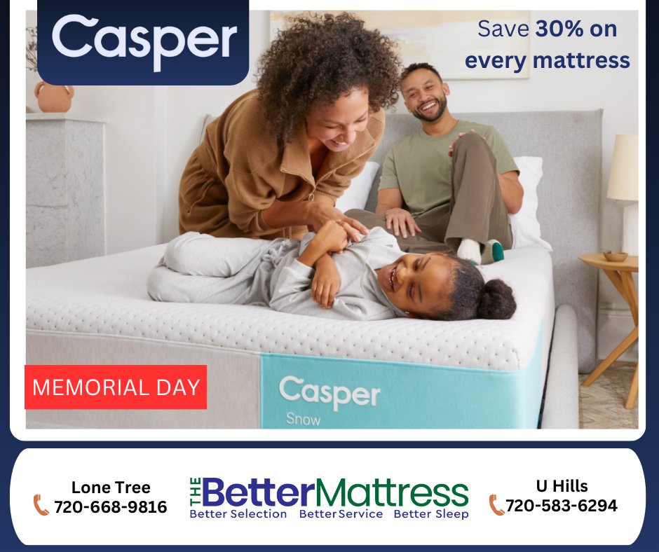 🌟 Don't miss out on The Better Mattress Memorial Day Sale! 🌟 Save 30% off Casper mattresses! Upgrade your sleep game and save big during this limited-time event. Trust us, you don't want to miss these deals! 😴💸 #MemorialDaySale #BetterMattress