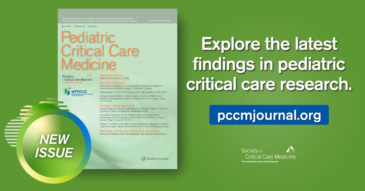 The May 2024 issue of @PedCritCareMed is now available online! Read about the latest research in pediatric #sepsis, organ donation, ventilation, organ failure, and more: pccmjournal.org @SCCM_Pediatrics #PedsICU #SCCMSoMe