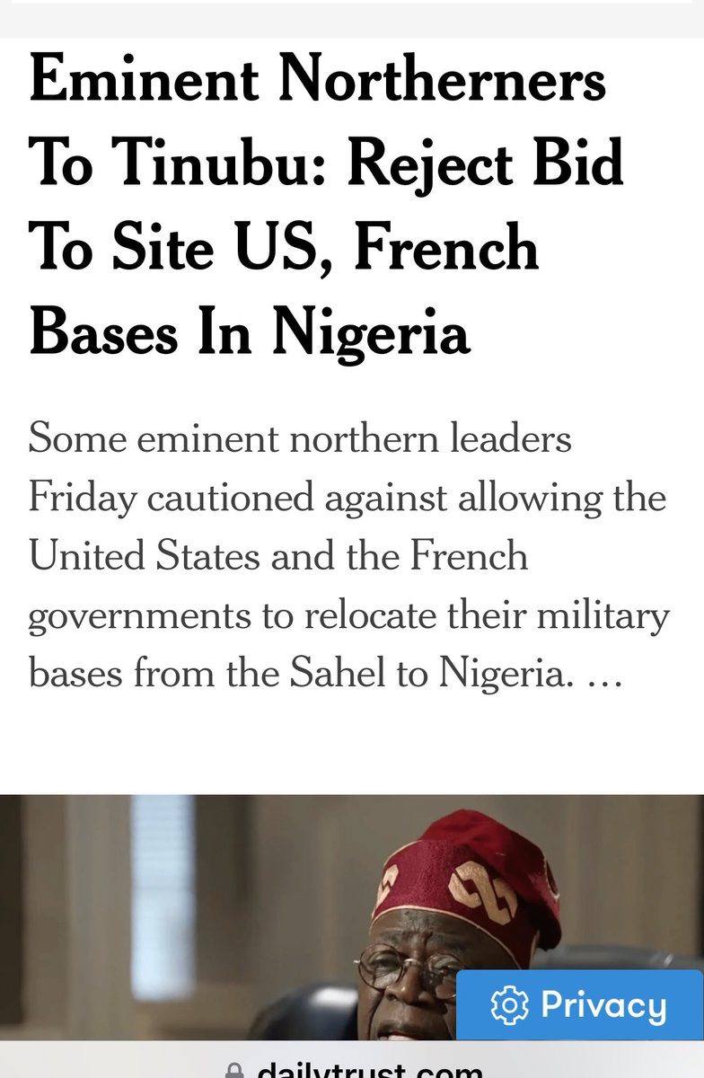 Eminent Northerners To Tinubu: Reject Bid To Site US, French Bases In Nigeria

Some eminent northern leaders Friday cautioned against allowing the United States and the French governments to relocate their military bases from the Sahel to Nigeria. 
@real_IpobDOS 
@mfa_russia…