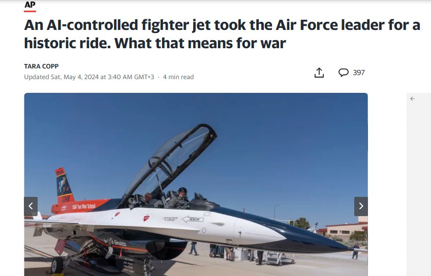 AI(YZ) kontrollü F-16 ile pilot olmayan Karacı Kökenli USAF yetkilisi (Frank Kendell) kendisi uçmuş (ön koltukta). Yaptığı hataları AI düzeltir. Bunun savaş için anlamı ne demiş. 1)Pilot açığı kapanır 2)AI F-16, insanlı F-16'ya karşı üstünlük sağlar not: Normal F-16 İNSANlimitli