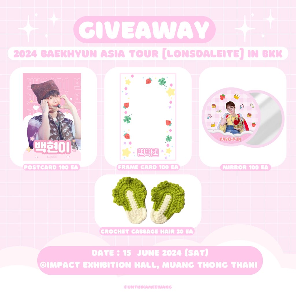 ⋆ ₊ ﾟGiveaway * ₊ ⋆
🍓BBHLonsdaleiteinBKK🍓

🗓️ 15 June 2024 (sat)
⌛️TBA
📍IMPACT EXHIBITION HALL 7-8
✨ Pls rt & show this tweet

#LONSDALEITEinBKK #2024BAEKHYUNASIATOURinBKK #BBHLonsdaleiteinBKK