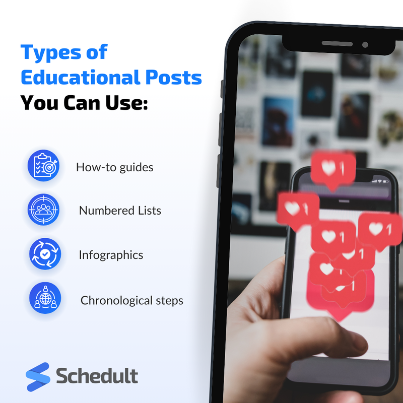 Some of the best content created to draw customers in are educational posts. 😎

Out of these four types of educational posts, which ones do you believe are most effective?

#Schedult #SocialMediaMarketing #Marketing #ContentMarketing #EducationalPosts #EducationalContent