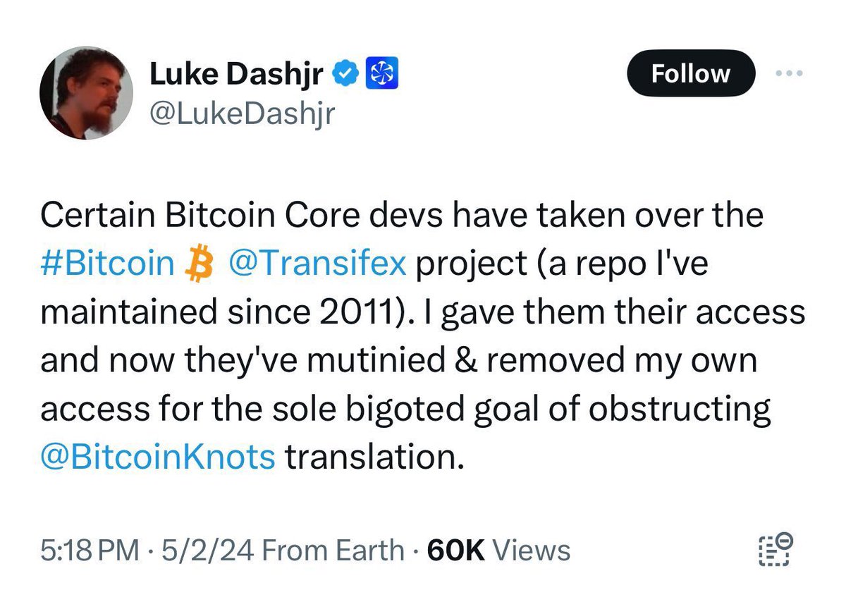 Remember when they told you that developer capture is just a conspiracy theory and that BTC is “too decentralized” to “take over” at the repo level? This post just keeps on giving