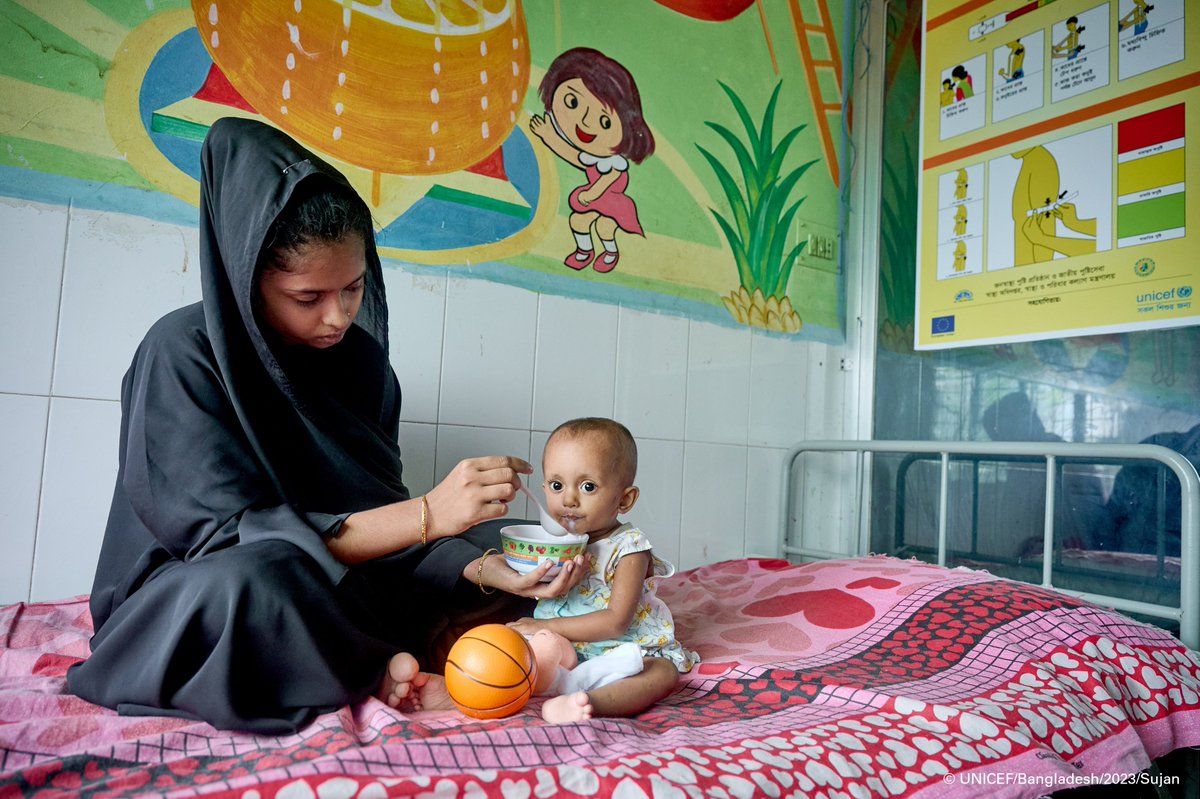 'I'm seeing my baby girl get stronger every day.' Shabnoor, 22, feeds her 15-month-old daughter Nusaifa therapeutic milk prepared by a trained nurse at the Severe Acute Malnutrition (SAM) Unit at the Teknaf Upazila Health Complex, supported by @UNICEF.
