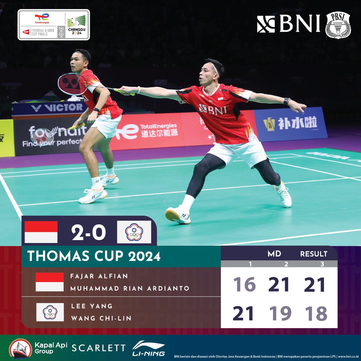 Fajar/Rian menggandakan keunggulan Indonesia menjadi 2-0 atas Chinese Taipei setelah menang atas Lee/Wang lewat pertarungan sengit tiga game.

Jangan kasih kendor, kunci kemenangan di partai ketiga!!💯🔥🇮🇩

#KitaIndonesia
#BadmintonIndonesia #ThomasCup2024 #UberCup2024