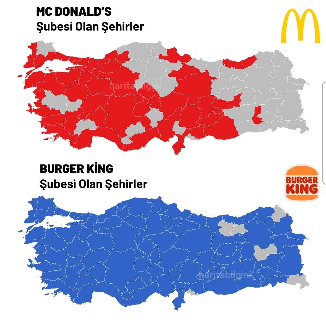 Mc Donald's ve Burger King şubesi olan şehirler.

Sizin tercihiniz hangisi ?