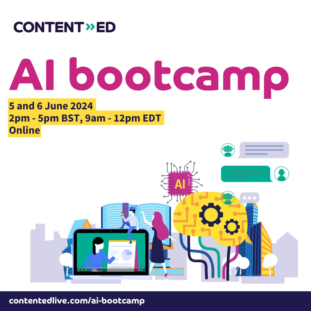 Registrations now open!

Artificial intelligence (AI) can greatly benefit your content projects in higher education.

Join our online bootcamp to learn how, with presentations, tools, and workshops.

Book your place: bit.ly/4cJM0nA

#HigherEducation