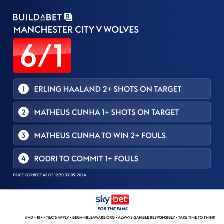 🔵 MAN CITY VS. WOLVES BUILDABET 🟠 🎯 Haaland 2+ shots on target 🎯 Cunha 1+ shots on target ✅ Cunha to win 2+ fouls 💥 Rodri to commit 1+ fouls Bet-slip here 👇 footyaccums.bet/MCIvWOLBaB0405… #Ad 18+ BeGambleAware