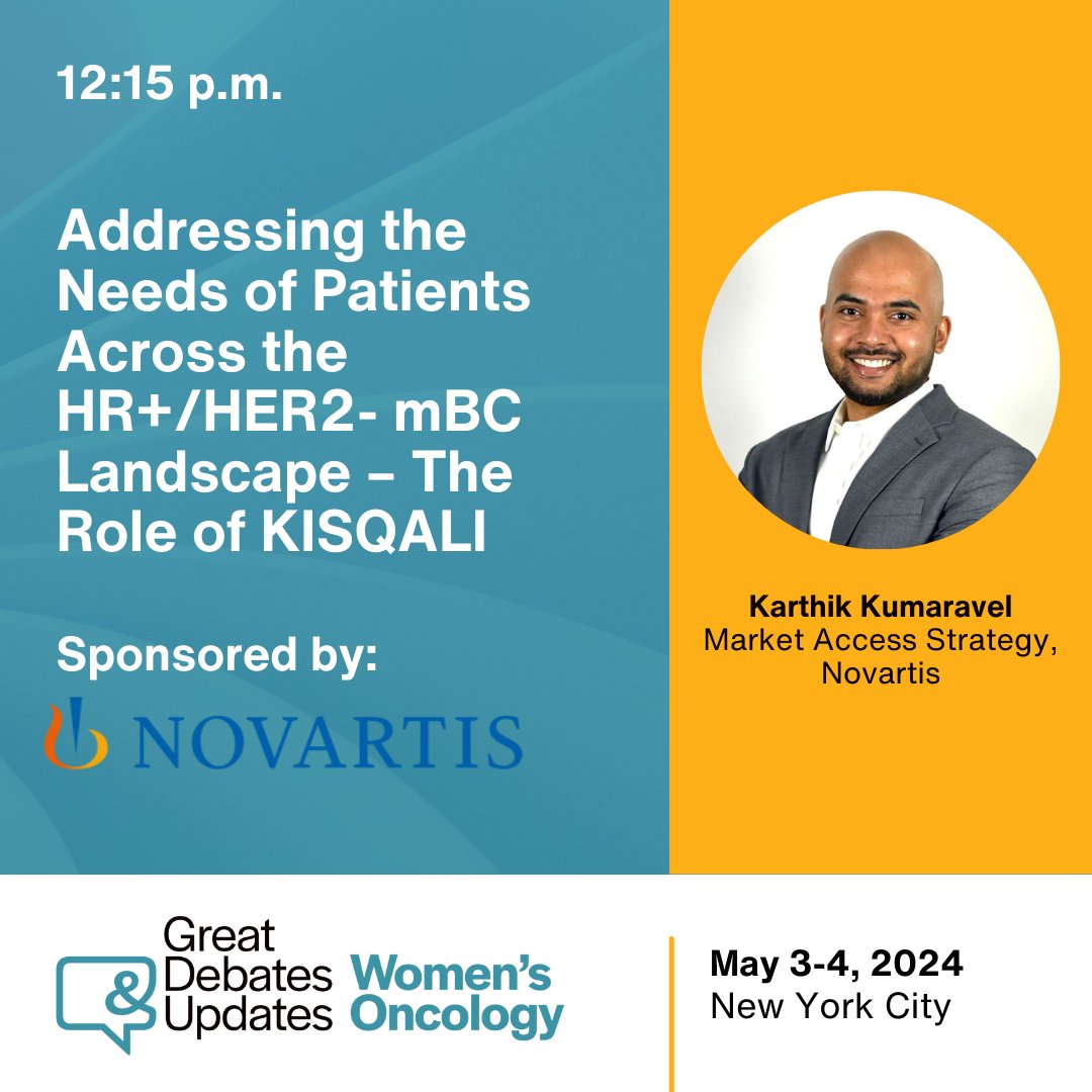 Up next: Discover the pivotal role of KISQALI in the HR+/HER2 - mBC landscape with Karthik Kumaravel, sponsored by @NovartisCancer. Join us in Belasco!