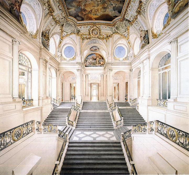 Recreación de la escalera principal del Palacio Real de Madrid tal como la había proyectado el arquitecto Juan Bautista Sachetti en 1747 para el rey Fernando VI de España.