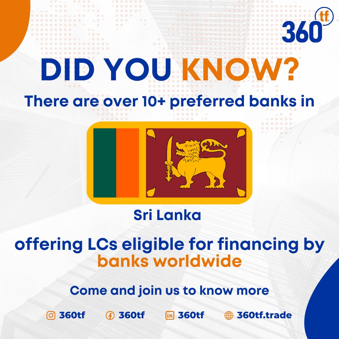 360tf has launched TradeBank Connect, a program offering seamless financing options through a curated list of 2000+ LC issuing preferred banks from 190+ countries across the globe.  

#LC #NewProduct #360tf #SriLanka #360tfTradeBankconnect #360tfFoundationMonth #360tfTurns3