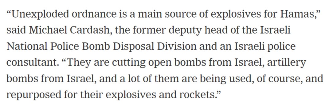 When he rebuts Ryan Grim's claim that the majority of Hamas bombs come from unexploded Israeli bombs, he's clearly unaware the former deputy head of the Israeli National Police's Bombs Division is the source of that information, as reported by the New York Times lol