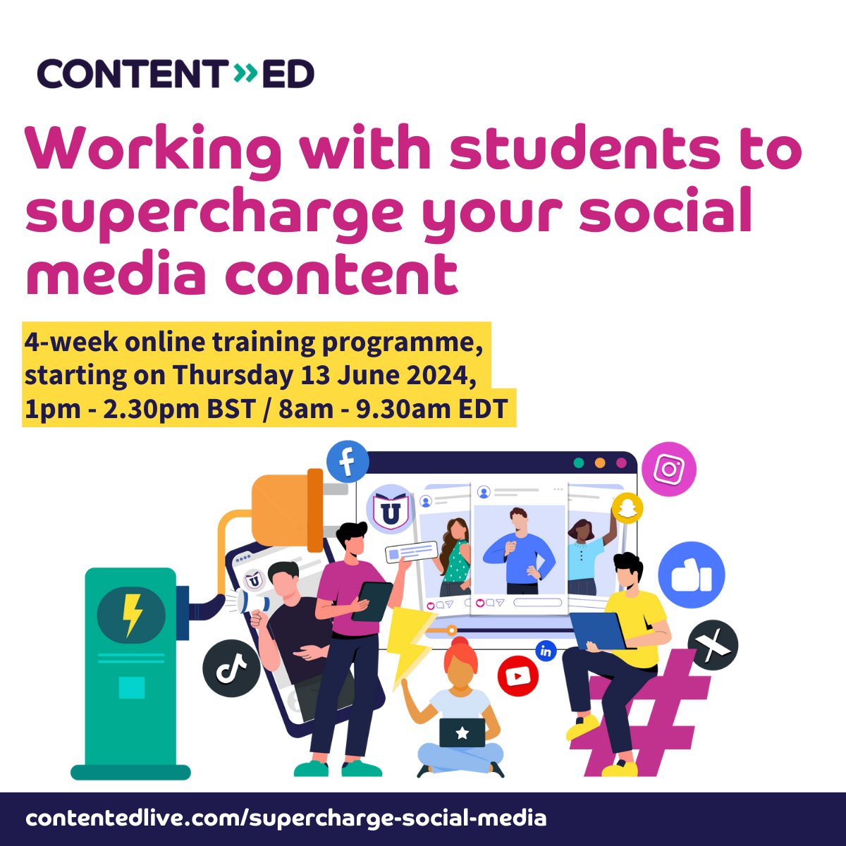 Bookings now open!

Join our new 4-week training programme to learn how to recruit students as content creators and influencers.

Tools, tips, templates, hands-on activities!

Register your place: bit.ly/3PV9psx 

#HighEdWeb #HigherEd