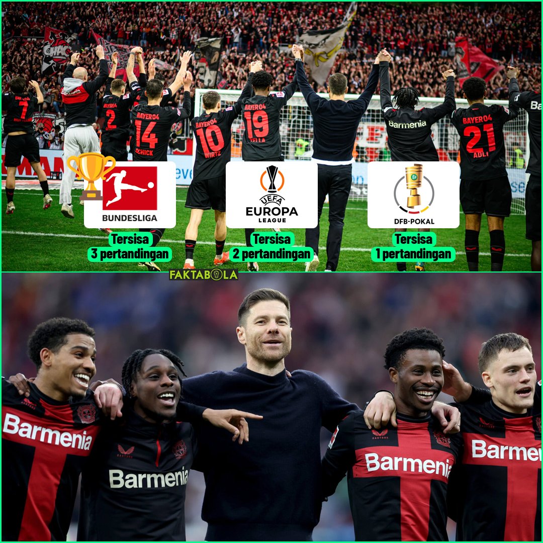 Jika mampu tidak kalah dalam 6 sisa laga terakhir mereka, itu artinya Bayer Leverkusen bisa mengakhiri musim 2023/24 tanpa kekalahan sekalipun!! 😮

→ Bundesliga udah jadi juara, tapi tersisa 3 pertandingan lagi.

→ Europa League saat ini sudah di semi-final, tersisa 2…