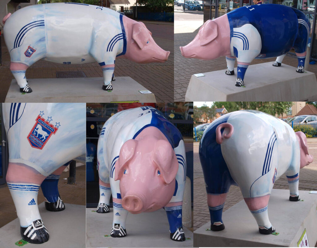 Come on Ipswich, Portman Road Piggy that I painted for Pigs gone Wild for St Elizabeth Hospice and Wild in Art a few years ago, is cheering town on!