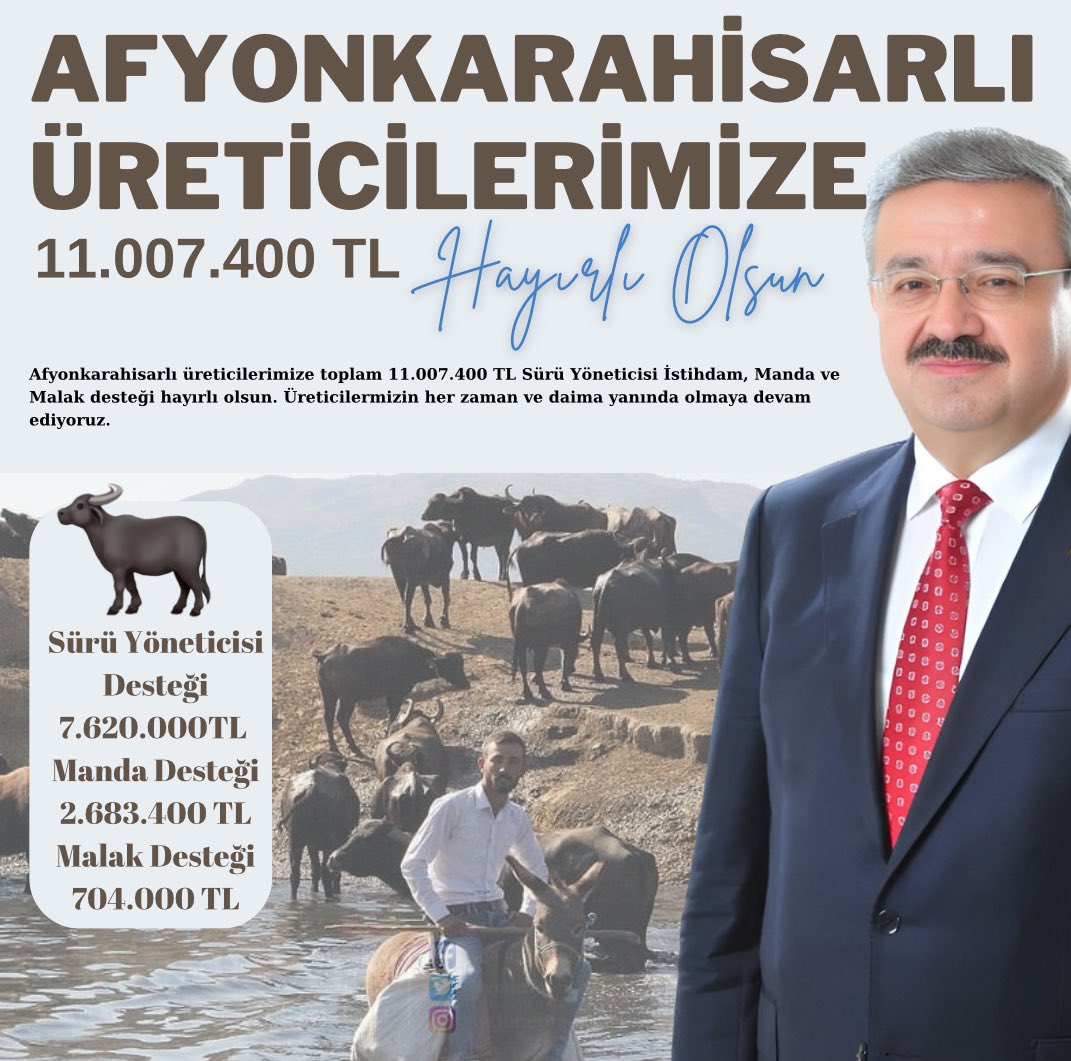 📍Afyonkarahisarlı Üreticilerimize Hayırlı Olsun Afyonkarahisarlı üreticilerimize toplam 11.007.400 TL Sürü Yöneticisi İstihdam, Manda ve Malak Desteği hayırlı olsun. Üreticilermizin her zaman ve daima yanında olmaya devam ediyoruz.