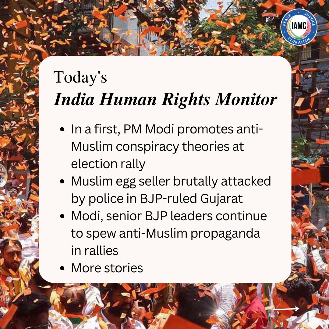 IAMC #indiahumanrightsmonitor

Read top 4 stories here: iamc.com/in-a-first-pm-…

#Modi #reservation #muslim #mosque #hatecrime #lovejihad #HinduExtremist #HinduSupremacist #BajrangDal #RSS #VHP #BJP #hate #hindunation #JaiSriRam #hindutva #hatespeech #GeneralElections