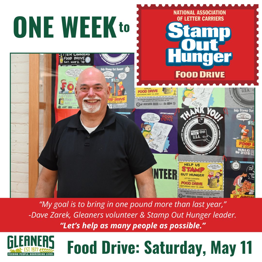 Get ready to make a difference! Just one week left to the annual Stamp Out Hunger Food Drive. Don't forget to put your bagged donations near your mailbox on May 11. A big shout out to our incredible postal workers for making this possible! #StampOutHunger