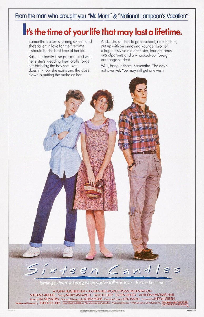 #MovieHistory #OTD 1984, the coming-of-age comedy film #SixteenCandles, was released in theaters, written by #JohnHughes in his directorial debut. Michael Schoeffling (Jake Ryan), was 23 years old during filming, unlike #MollyRingwald & #AnthonyMichaelHall, who were both 15.