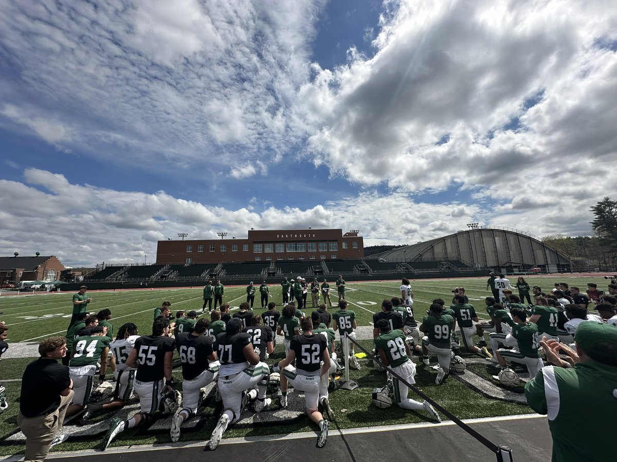 Fantastic @DartmouthFTBL spring game! Thank you to faculty guest coaches Patty Anderson, Jason Barabas, @jimfeyrer and Doug Van Citters for great play calling. And congratulations to 2024 team captains DL Josiah Green, LB Braden Mullen and QB Jackson Proctor!