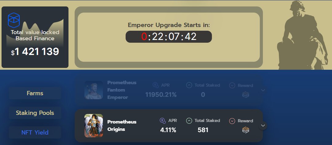 we kicked the timer guys....FTM Emperor upgrade will be open when timer expires...let the degen APRs be with us!!! @BasedFinance_io <a href="/BasedDEFI/">Based Labs</a> @FantomTalk
