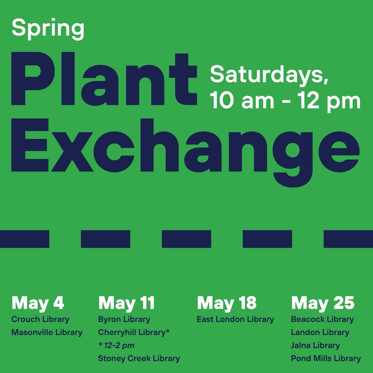 Next week’s plant exchanges take place at Byron, Cherryhill and Stoney Creek library branches. 🌸