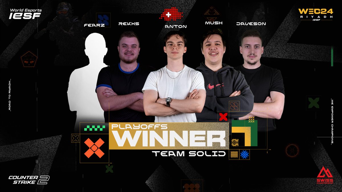 🇨🇭TEAM SWITZERLAND🇨🇭

Congrats to @TeamSolidCH for representing 'Team Switzerland!'♥️

👑@csgo_AntoN
⚔️@MuShxz
🤝@davesoNCSGO
🧙@Rekxs19CH
🤞@fearzCS
cc: @swissesports

WE ARE ALL CHEERING FOR YOU♥️

#WorldEsports #RIYADH24 #WEC24 #IESF
@swissesports