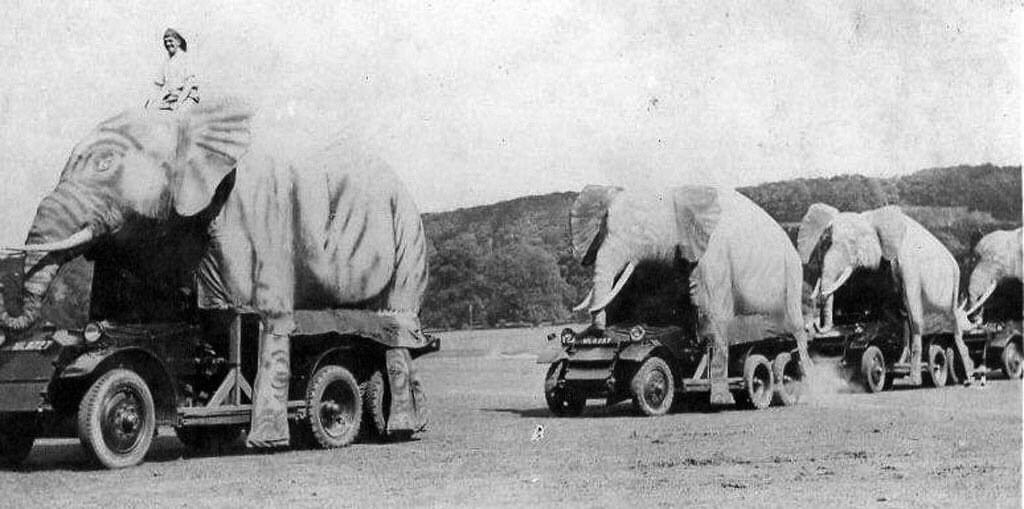 British Lanchester 6x4 armoured cars camouflaged as elephants, 1941.