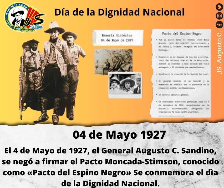 #04Mayo | Celebramos el Día de la Dignidad Nacional, para celebrar y consolidar Soberanía, Decoro, Orgullo de nuestra nicaragüense Identidad y Fortaleza.   Día en que el Gral A.C. Sandino negó firmar 'el Pacto del Espino Negro'

#SoberaníayDignidadNacional
#ManaguaSandinista