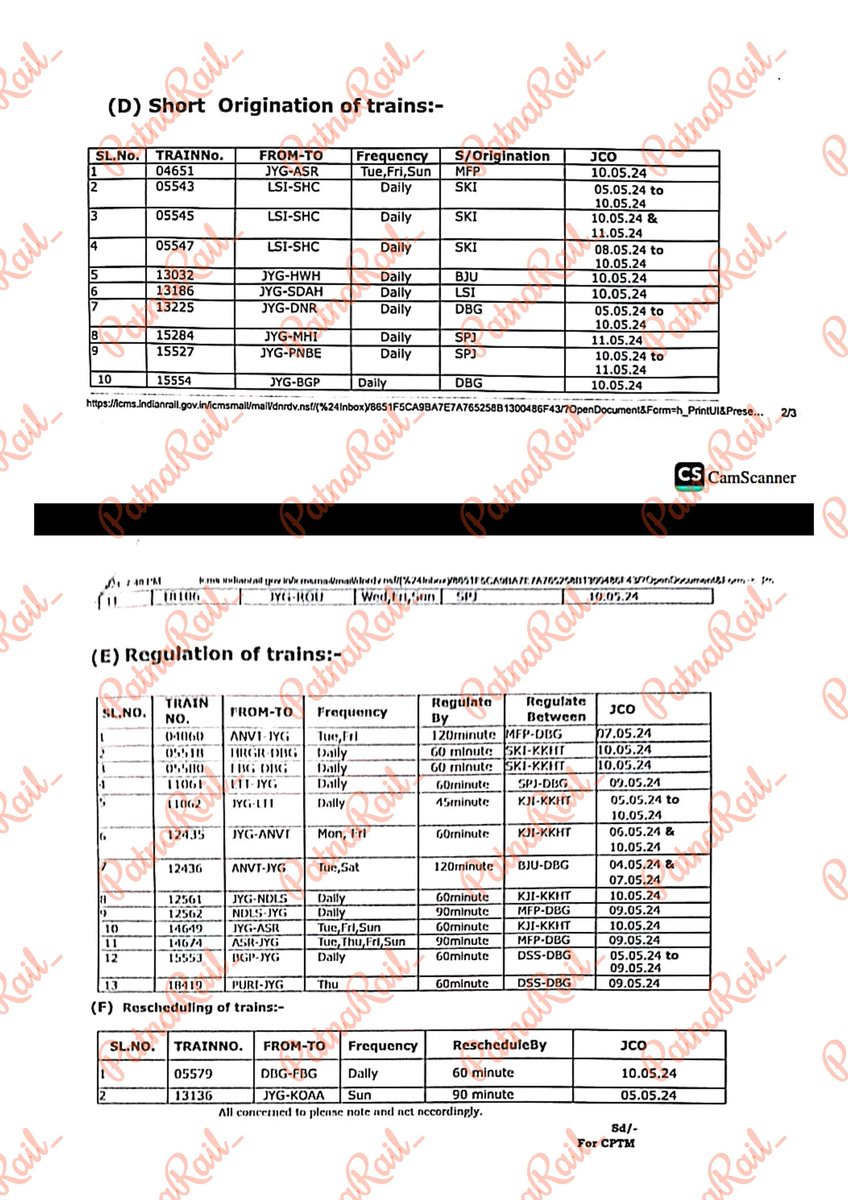 Cancellation,Diversion, Short Termination/Origination, Rescheduling and Regulations of trains due to Pre NI Work from 05.05.24 to 09.05.24 and NI Work on 10.05.24 in Darbhanga-Sakri Section of Samastipur Division 
#PatnaRail_ #Darbhanga #Sakri #Samastipur