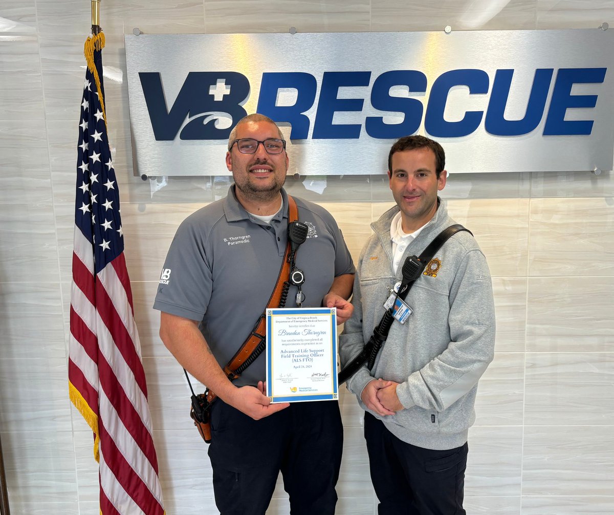 Congratulations to Paramedic Brandon Thorngren on being released as an Advanced Life Support Field Training Officer (ALS FTO)! ☑️ems.virginiabeach.gov/volunteer ☑️For career opportunities with VB EMS, visit ems.virginiabeach.gov/careers. #VBRescue #EMS #VBEMS #VirginiaBeach