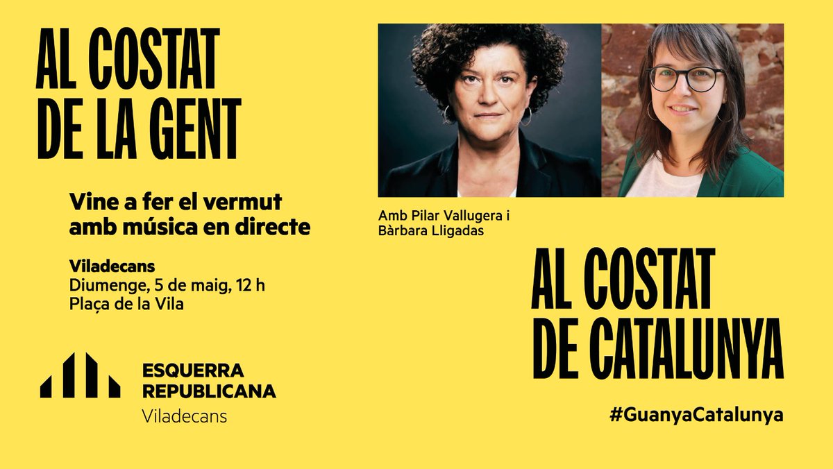 🟡 [AGENDA] Aquest diumenge al migdia t'esperem per fer el #vermut a la Plaça de la Vila 🥃 Ens acompanyaran la diputada d'ERC al Congrés @PilarVallugera i la nostra portaveu @blligadas Amb música en directe i millor ambient #12M #Viladecans #GuanyaCatalunya #PresidentAragonès