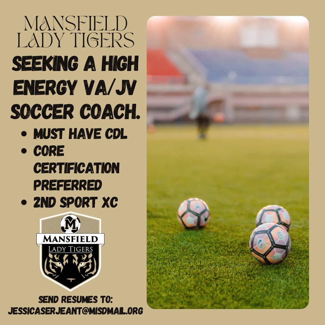 Lady Tigers Soccer program is seeking a high energy girls soccer assistant! If you are interested please reach out to Jessica Serjeant! GO TIGERS 🐯