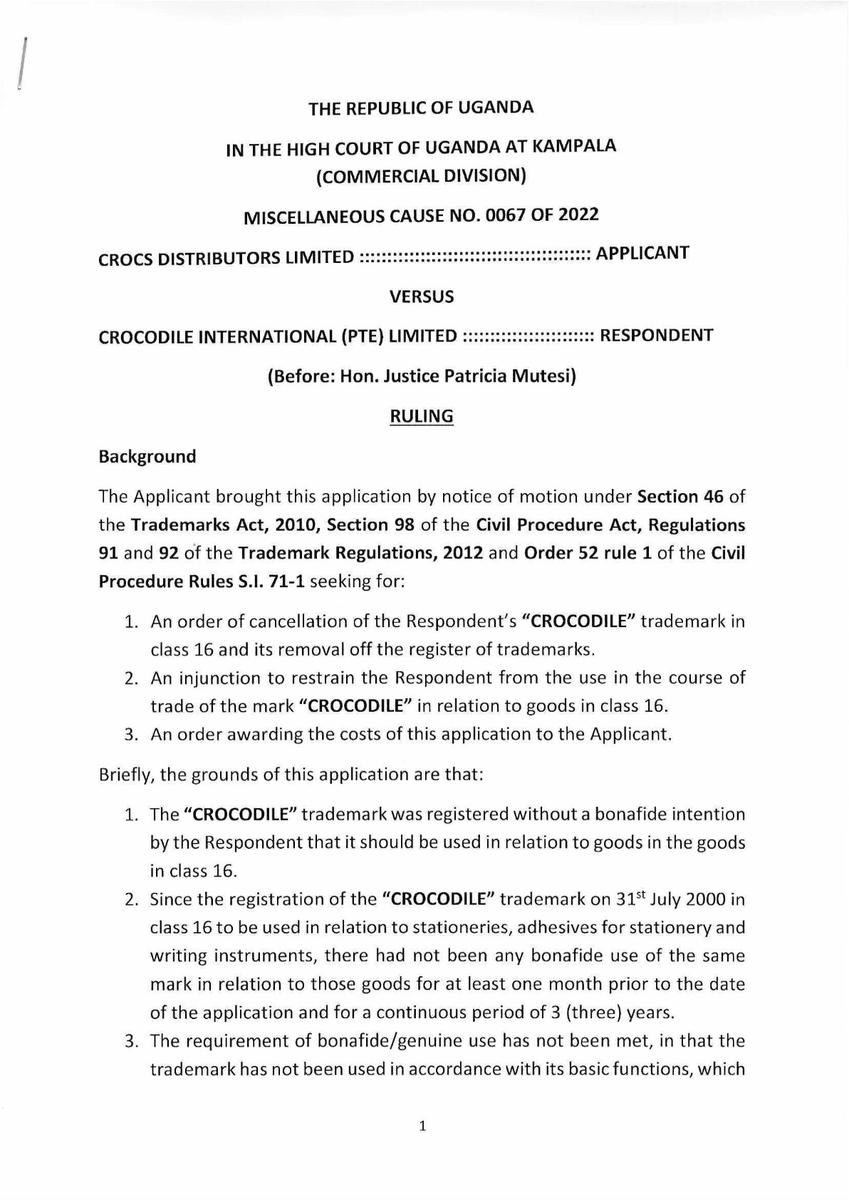 Mutesi J Directs Registrar of Trademarks to Cancel 'CROCODILE' Trademark Registration after 23 years of No Use ✍️It is trite law that mere Adoption or Registration of a mark without a bonafide intention to use it in the course of trade is unlawful⏬