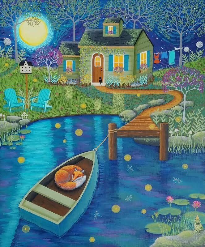 Finally today a piece of American Folk Art by Mary Charles ‘The Stowaway’ Love the detail. The laundry on the line. The frog Prince on the lily pad, the fluttery insects and the cat on the doorstep. Charming Thanks my X Twitterarty. Helen🌷🐝🌻DrS⛵️🛒👨‍🍳Max💚🐶😊