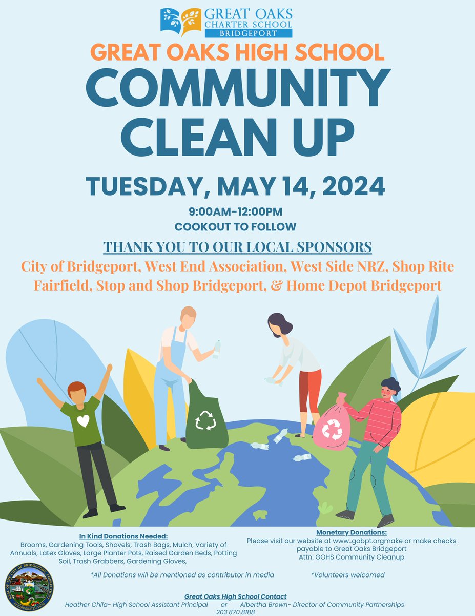 Join us for the Great Oaks High School Community Clean-Up on May 14th from 9 AM to 12 PM!🌍Donation options available on the flyer. Stick around after for a cookout and some fun!🎶