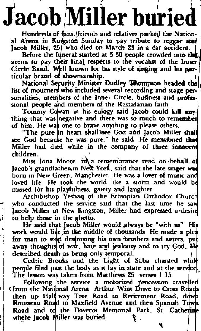 Remembering Jacob 'Killer' Miller, former lead singer of Inner Circle, On what would have been his Earth strong.. His life was cut short at the age of 27 when he was involved in a nasty accident On Sunday, March 23, 1980 at age 27.