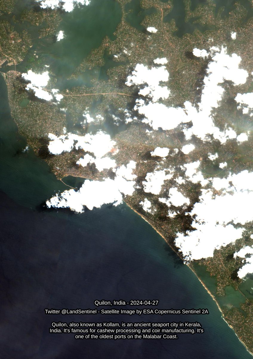 Quilon - India - 2024-04-27

Quilon, also known as Kollam, is an ancient seaport city in Kerala, India. It's famous for cashew processing and coir manufacturing. It's one of the oldest ports on the Malabar Coast.

#SatelliteImagery #Copernicus #Sentinel2