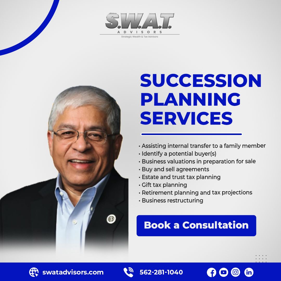 Planning your business's future?
SWAT Advisors offer succession planning services for  your business, safegaurd your retirement planning ,tax projections and providing expert guidance on restructuring your business .

#SWATAdvisors #BusinessSuccession #SuccessionPlanningExperts