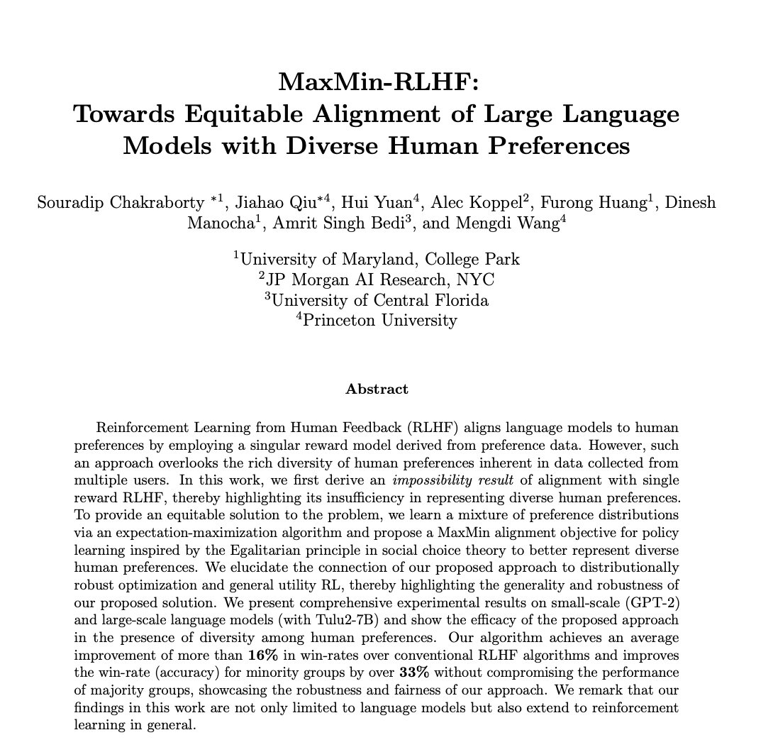 Excited to share that 2 of our papers on #Alignment #RLHF #Safety #Robustness #TrustworthyAI got accepted to #ICML2024 

1. MaxMin-RLHF: Towards Equitable Alignment of LLMs under diverse preferences 
Ref: x.com/souradipchakr1…